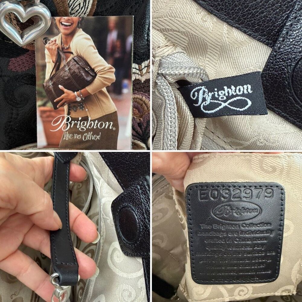Brighton Valencia Black Leather Floral Embroidered Hobo Bag NWOT Heart Charm - Picture 10 of 12